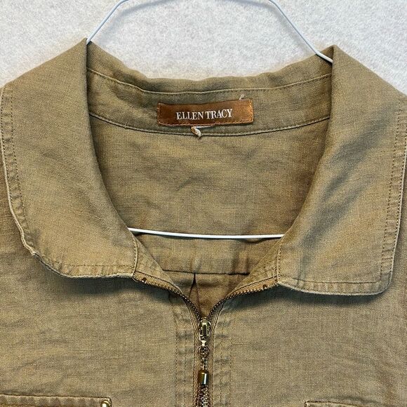 ELLEN TRACY Women’s 100% Linen Half-Zip Utility Top Olive Green Size XL Pockets - Picture 3 of 9